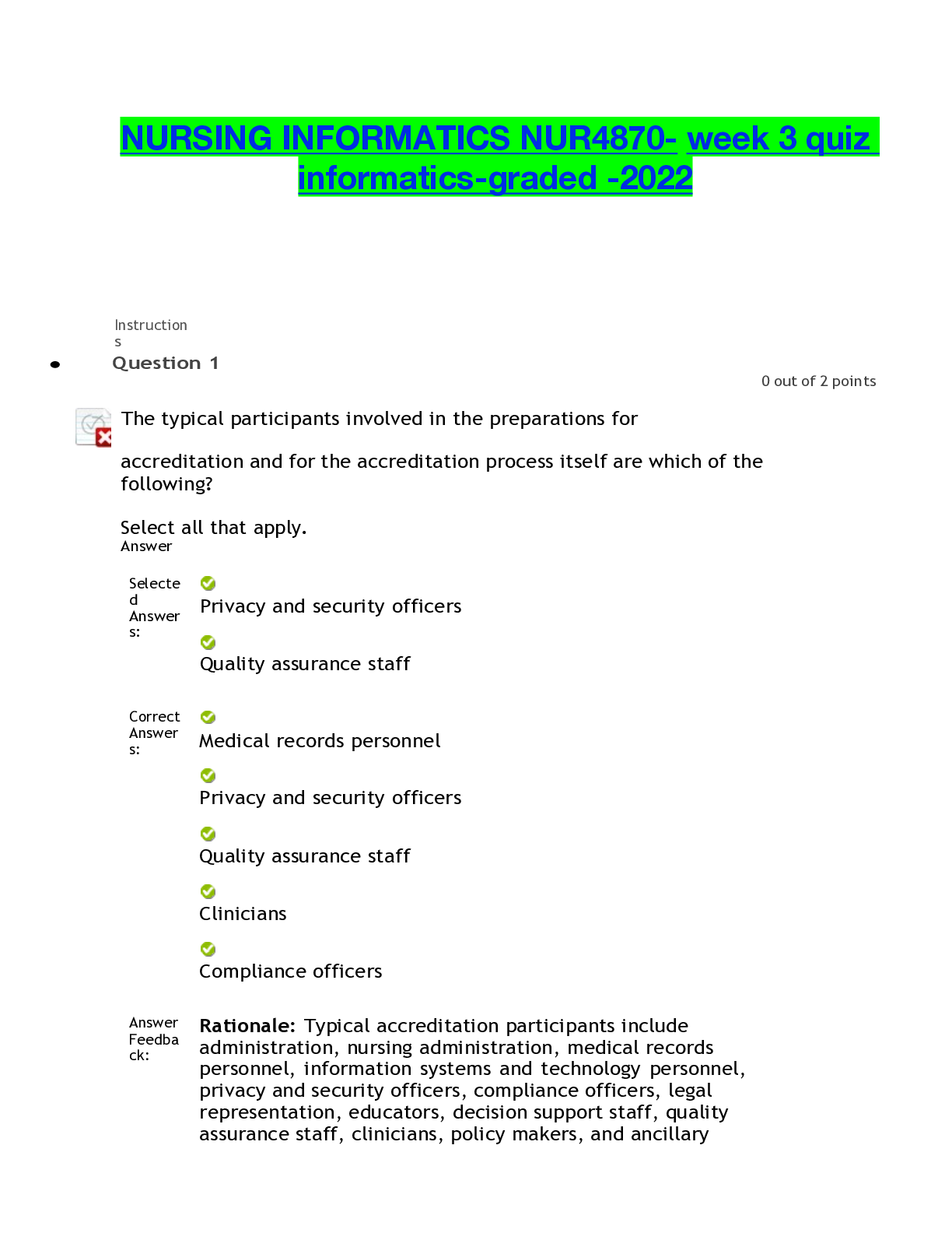 Preview of NURSING INFORMATICS NUR4870- week 3 quiz informatics-graded -2022